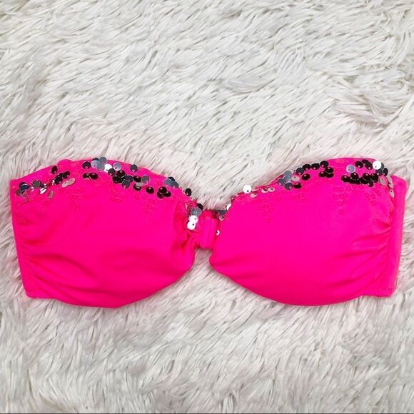 Victoria’s Secret Swim Neon Pink Sequin Strapless Padded Bikini Top Size Small - Picture 1 of 4